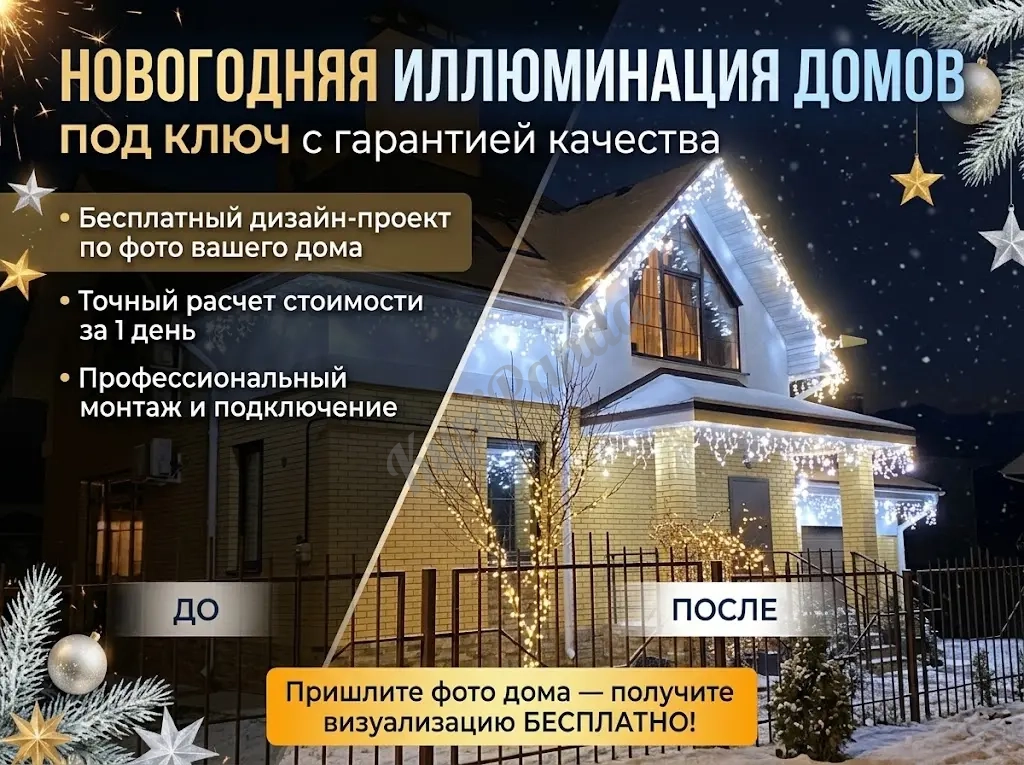 Новогодняя иллюминация домов под ключ | Визуализация по фото бесплатно